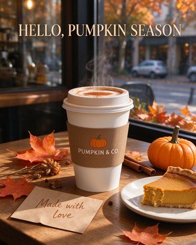 Pumpkin latte on autumn leaves with cinnamon and pie