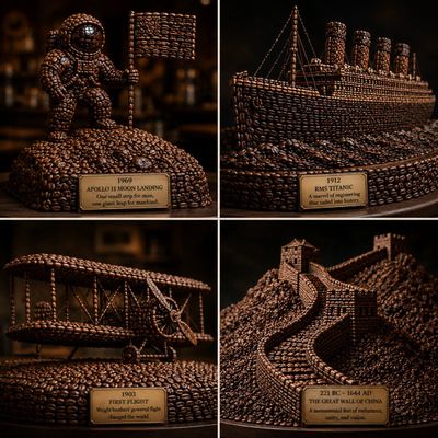 History in a Cup: Coffee Bean Sculptures of Human Achievements