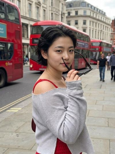 Woman turns with playful smile on London street holding sunglasses