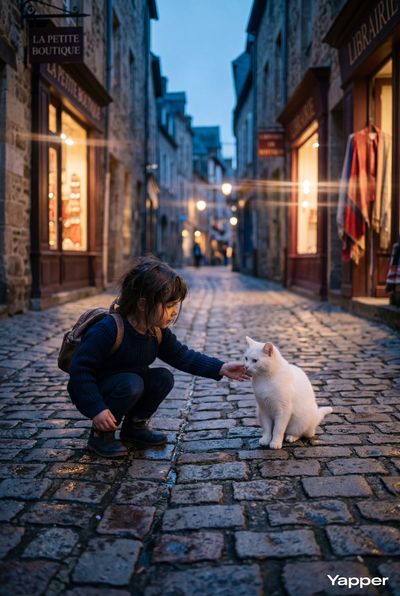 Serene Encounter in Twilight: A Child and Cat in Blue Hour