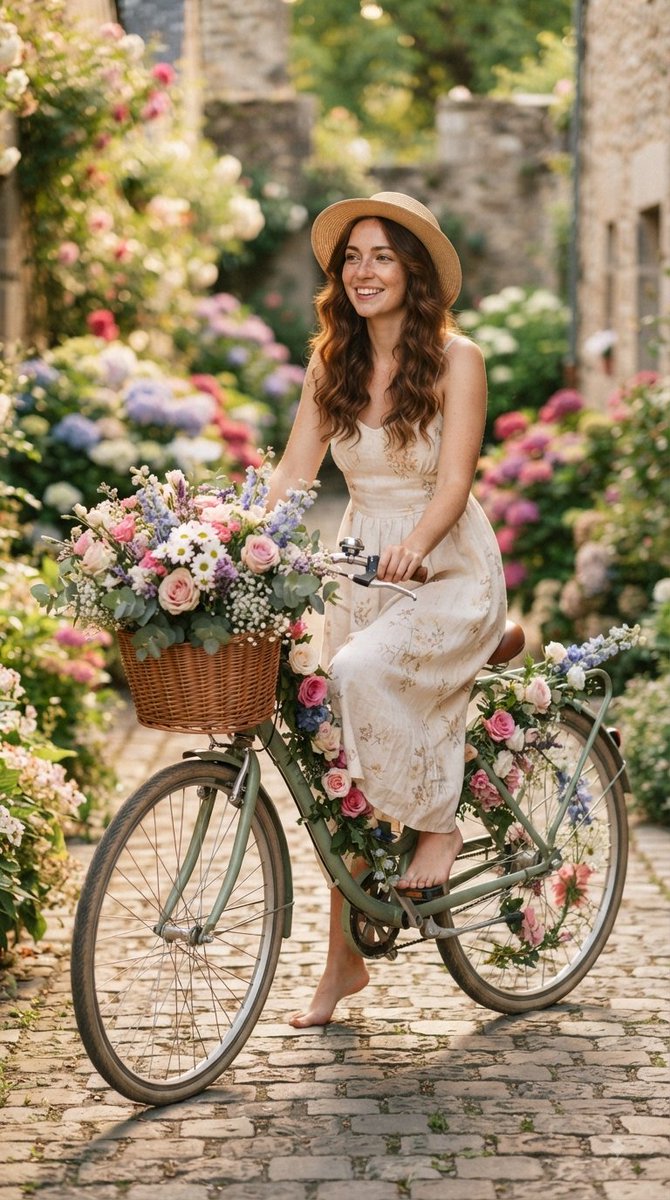 Young woman in floral dress rides vintage bike through blooming garden alley
