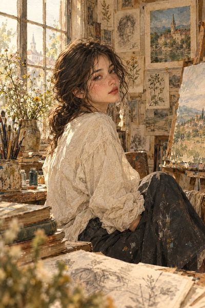 Young Artist Glances Back in Sunlit Vintage Studio