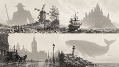 Classic novels merge as a 2x2 grid of layered textures and silhouettes