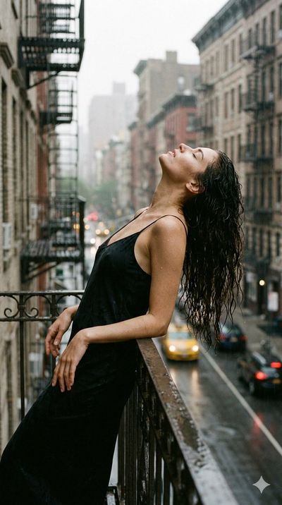 Rain-Soaked Balcony in Cinematic Haze