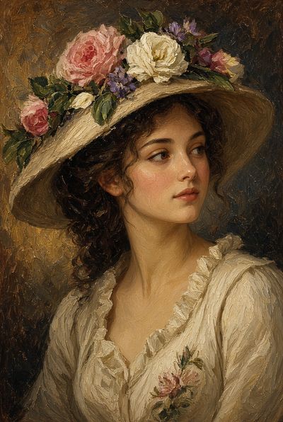 Impasto portrait of a girl with roses in her hat