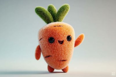 Plush strawberry with dewdrops sits softly on pastel background