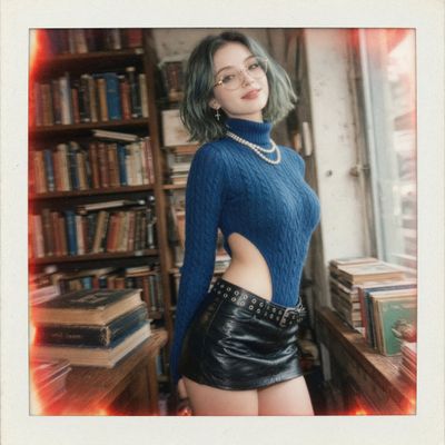East Asian woman in cobalt sweater poses amid antique books