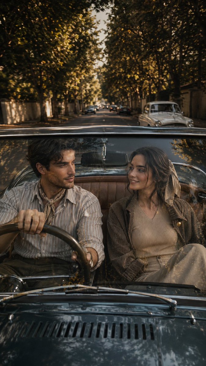 A couple drives through a vintage suburban street during golden hour