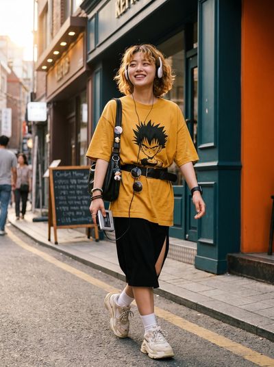 A girl dances down a Tokyo street in mustard yellow tee