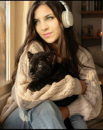 Woman with headphones cradles a panther cub in golden light