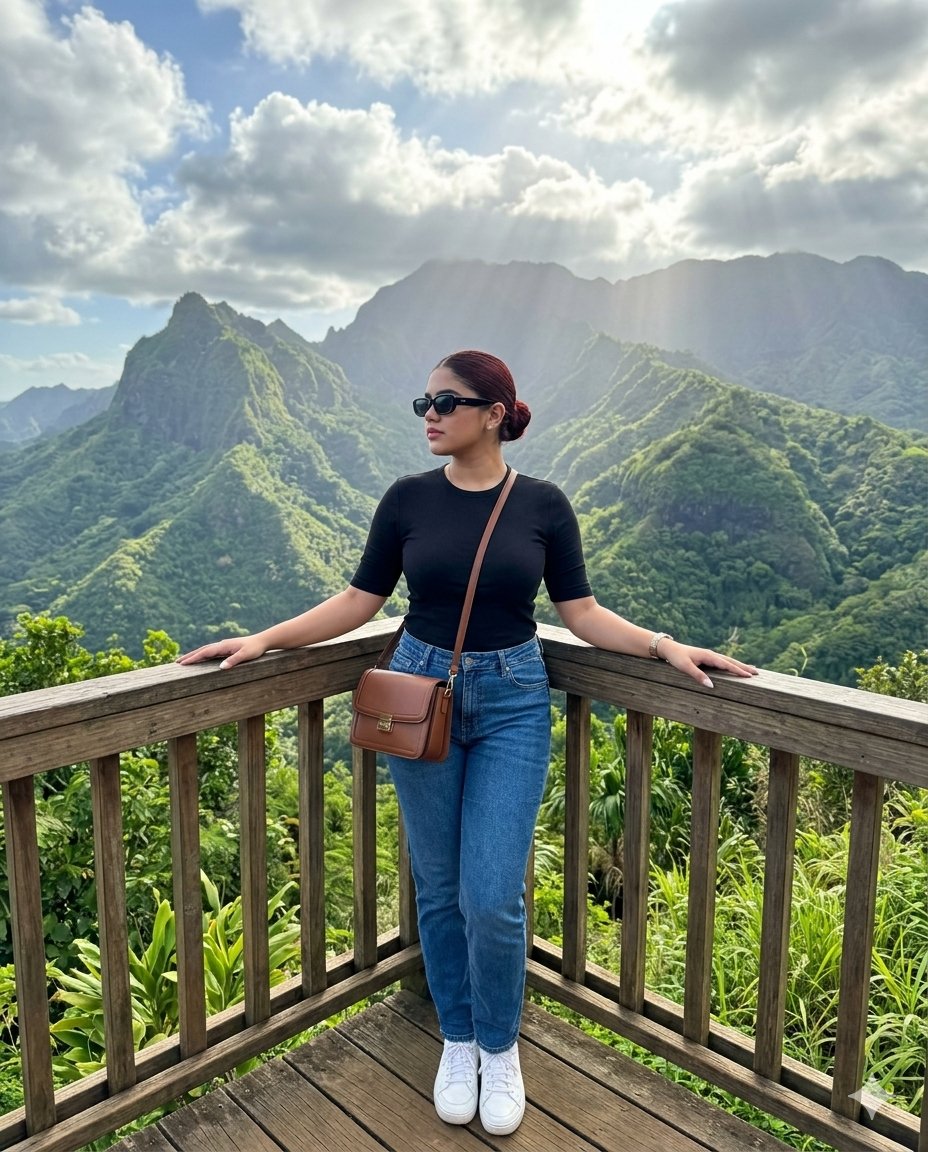A stylish traveler finds peace on a misty mountain deck.