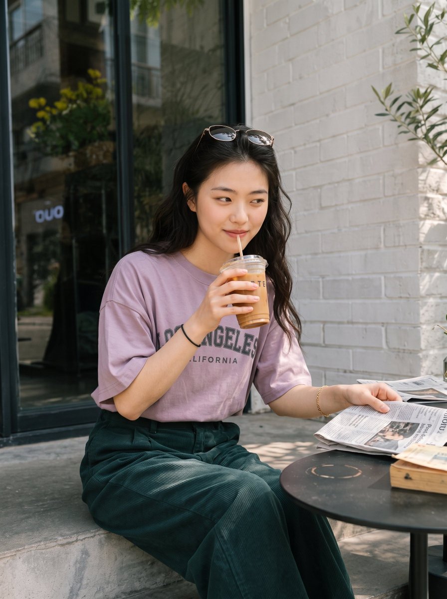 Candid portrait of woman reading newspaper on sunny cafe step