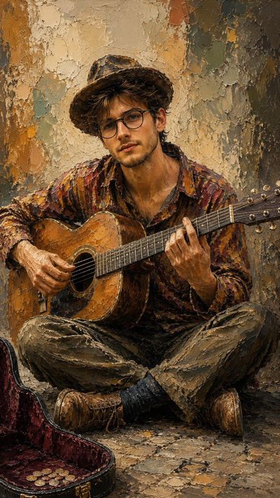 Street musician's warm smile and guitar on weathered stone