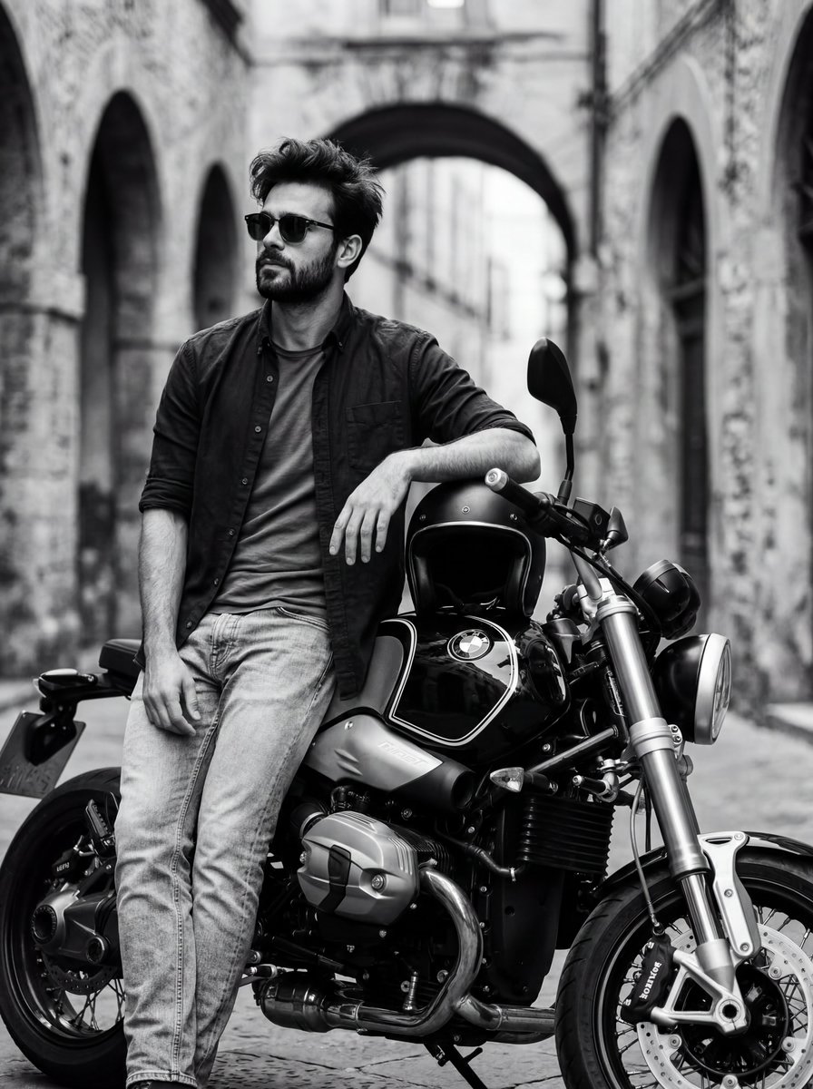 Monochrome Maverick on a Vintage Ride