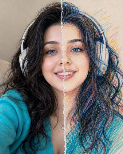 A woman in headphones smiles in a photo-sketch split portrait