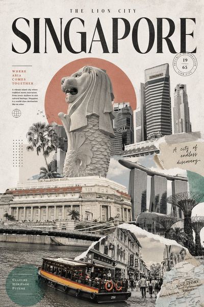 A refined travel collage blends iconic landmarks with geometric elegance.