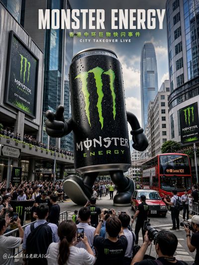 Giant cartoon Monster Energy can marches through realistic Hong Kong Central