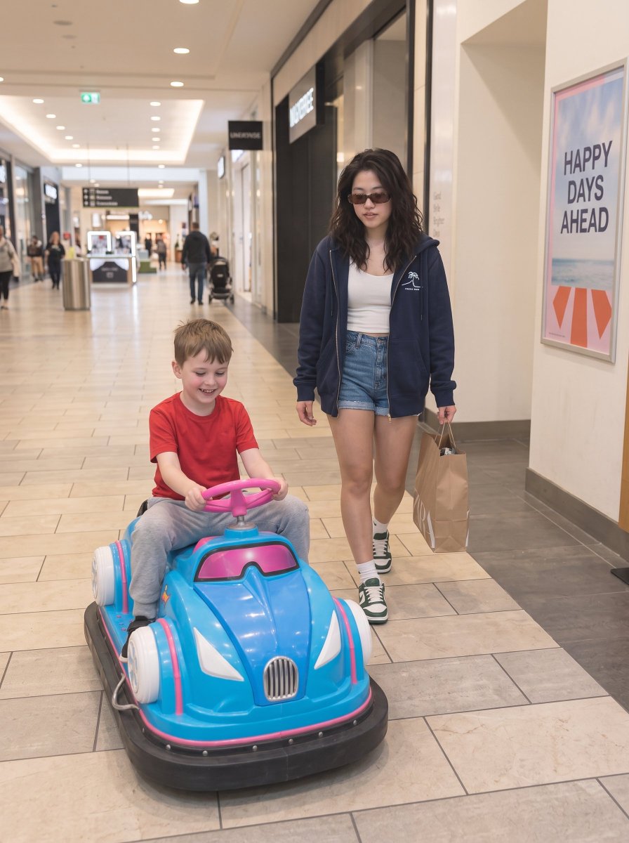 Young woman poses playfully on a cyan bumper car in the mall