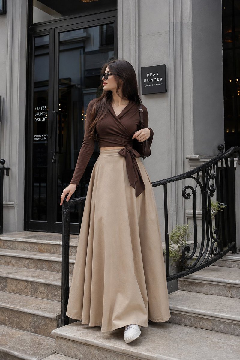 Elegant woman in brown wrap top poses on stone steps