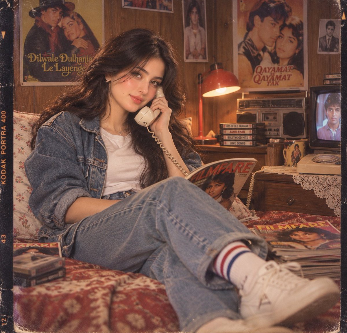 Nostalgic 80s Bollywood Bedroom Portrait with Vintage Telephone and Denim Jacket