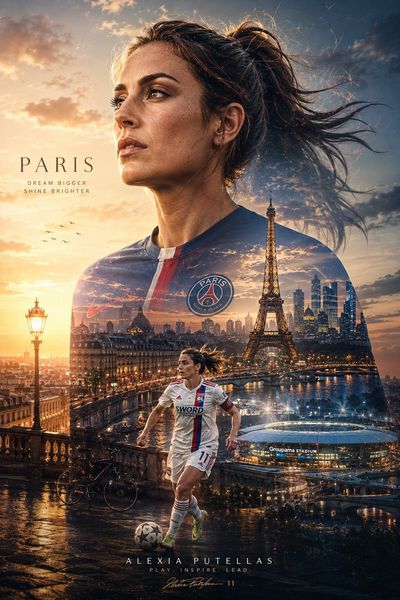 A football icon's silhouette reveals a glowing city at dawn