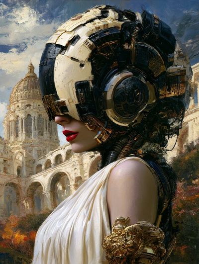 Mechanical headpiece adorns a woman in profile against classical dome