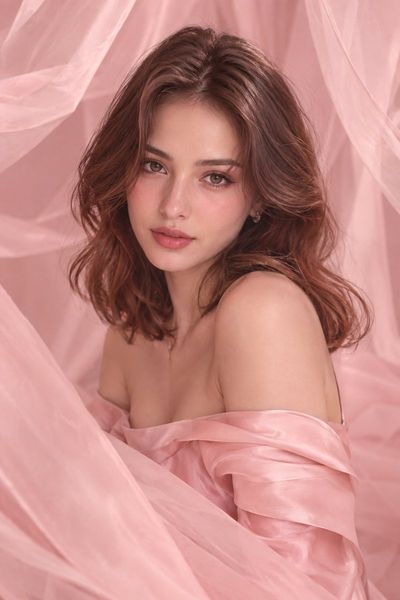Auburn-haired woman in rose satin gazes with sultry hazel eyes