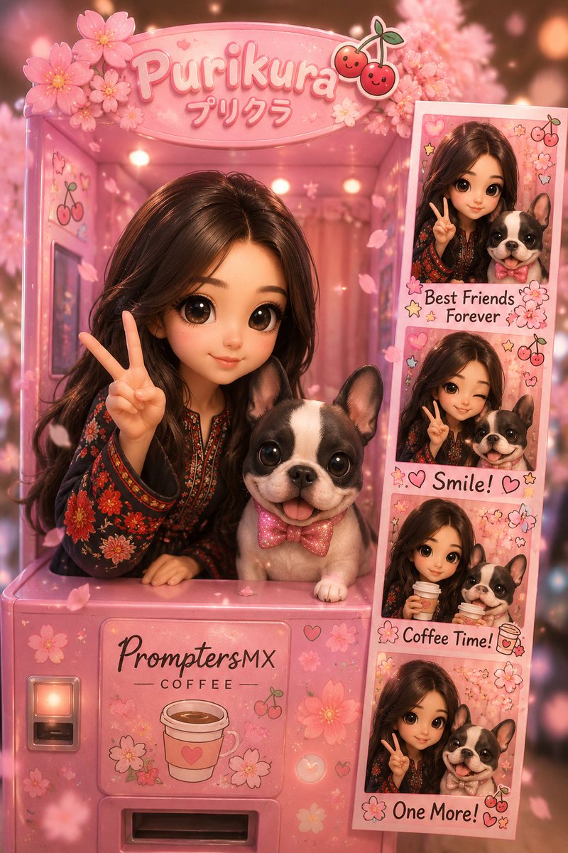 Chibi girl and bulldog pose in Purikura booth with cherry blossoms