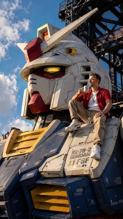 A man sits atop a giant Gundam head drinking coffee under a blue sky