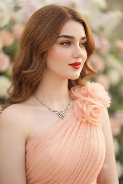 Auburn-haired beauty in peach gown glances sideways with red lips
