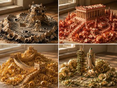 A stunning 3D forest built from green pencil shavings under warm light