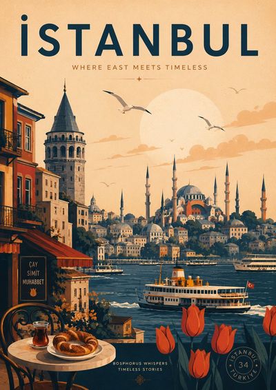 Istanbul's skyline glows warmly under a golden sunset sky