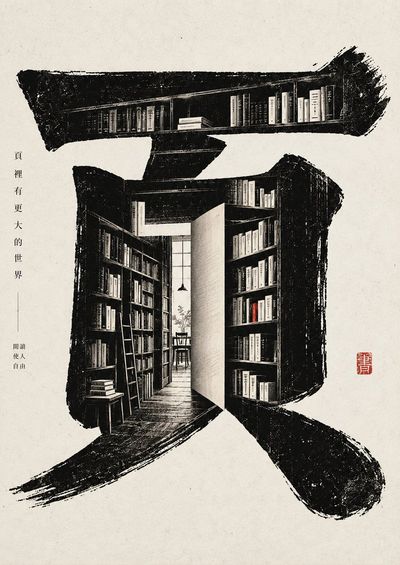 Bold black brushstroke character grows a tiny book inside its stroke