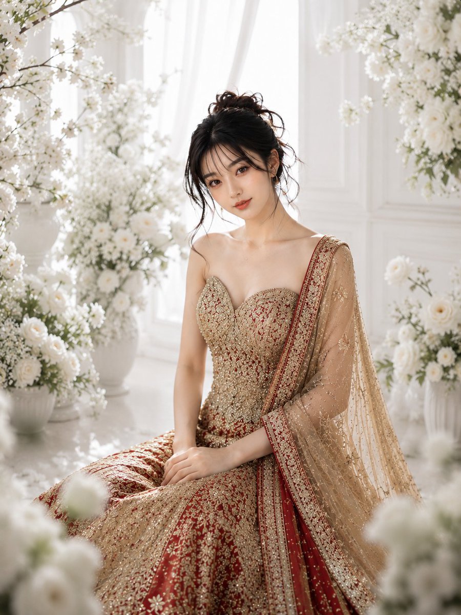 Red bridal lehenga shines in white floral palace portrait