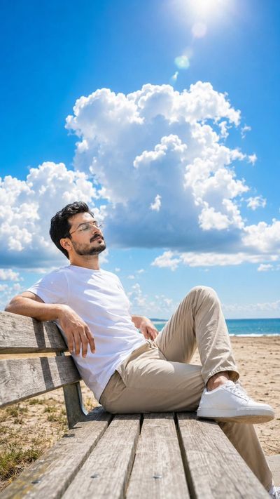 Man relaxes on a wooden bench by the ocean in cinematic portrait