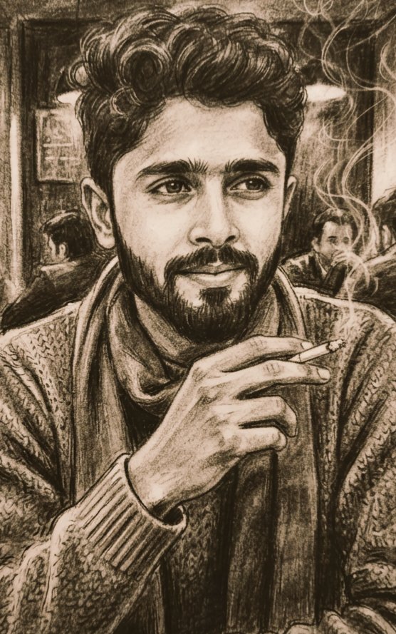 A young man in a cafe smokes thoughtfully in charcoal