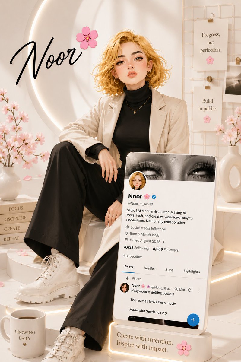 An elegant anime woman poses confidently on white steps
