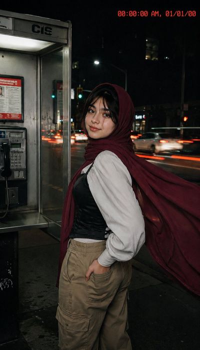 A woman in burgundy hijab poses by a phone booth at night