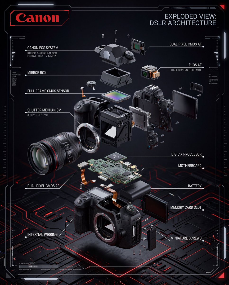 Exploded Canon DSLR reveals precision engineering in cinematic red and black