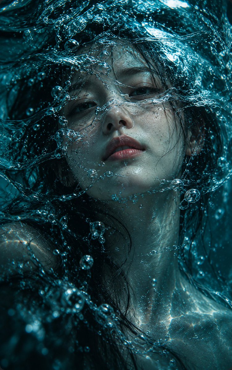 Her face dissolves into rippling teal ocean light