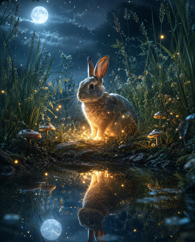 Moonlit hare rests in glowing meadow beneath starry twilight sky