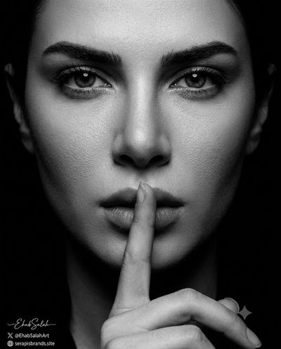 A mysterious figure presses a finger to silent lips in shadow