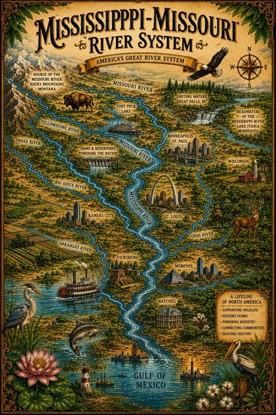 A vintage map poster shows the Amazon River winding through South America.