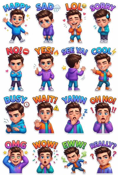 Chibi Streetwear Emoji Stickers Grid with Dynamic Poses