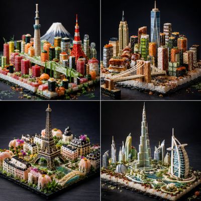 A tiny sushi metropolis rises from a dark slate tabletop