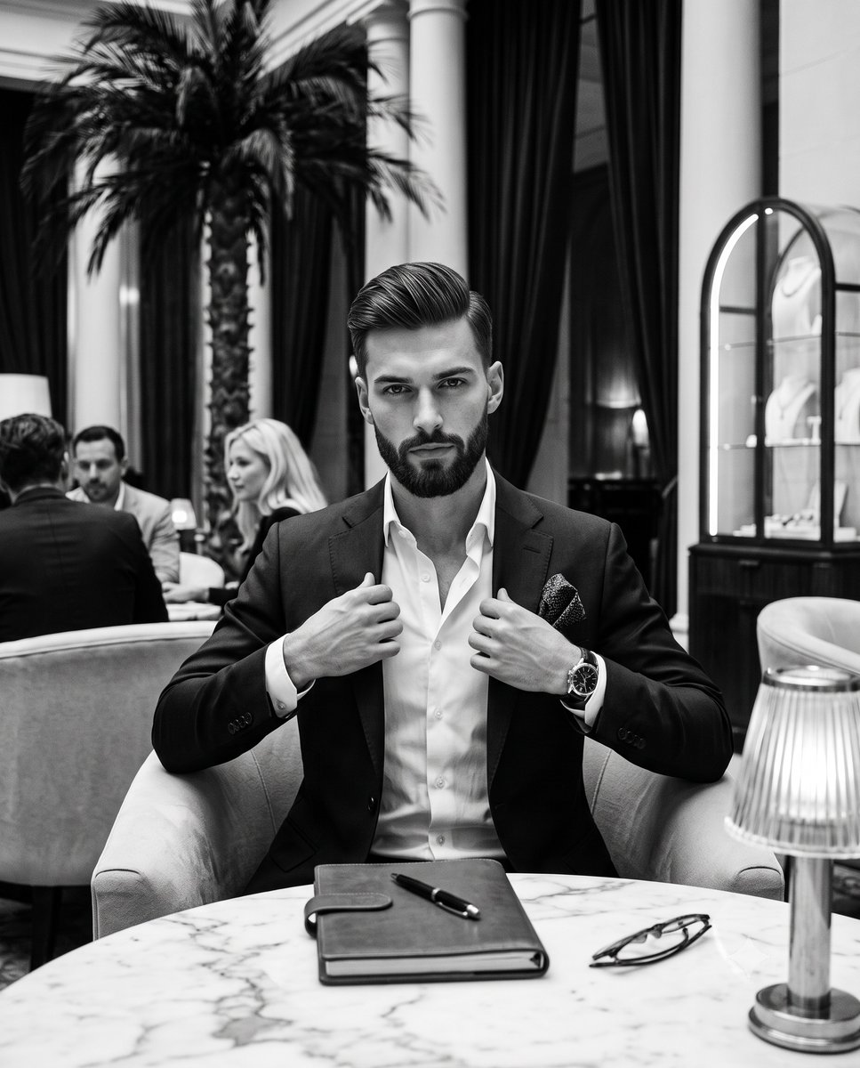 A sharp-suited gentleman adjusts his lapels in a moody lounge