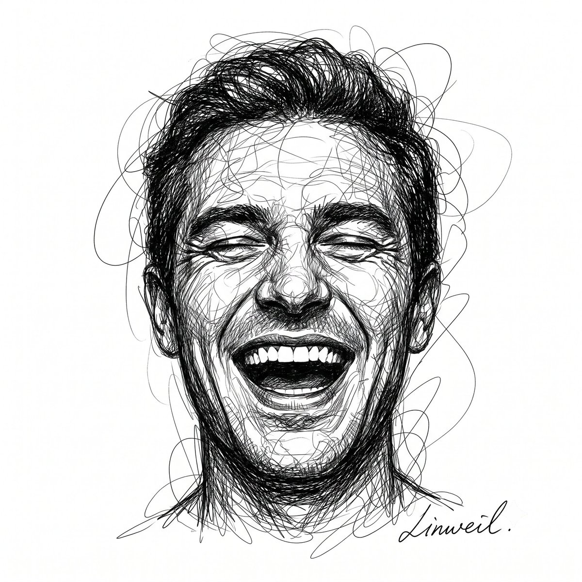 A chaotic ink scribble captures a laughing man with closed eyes.