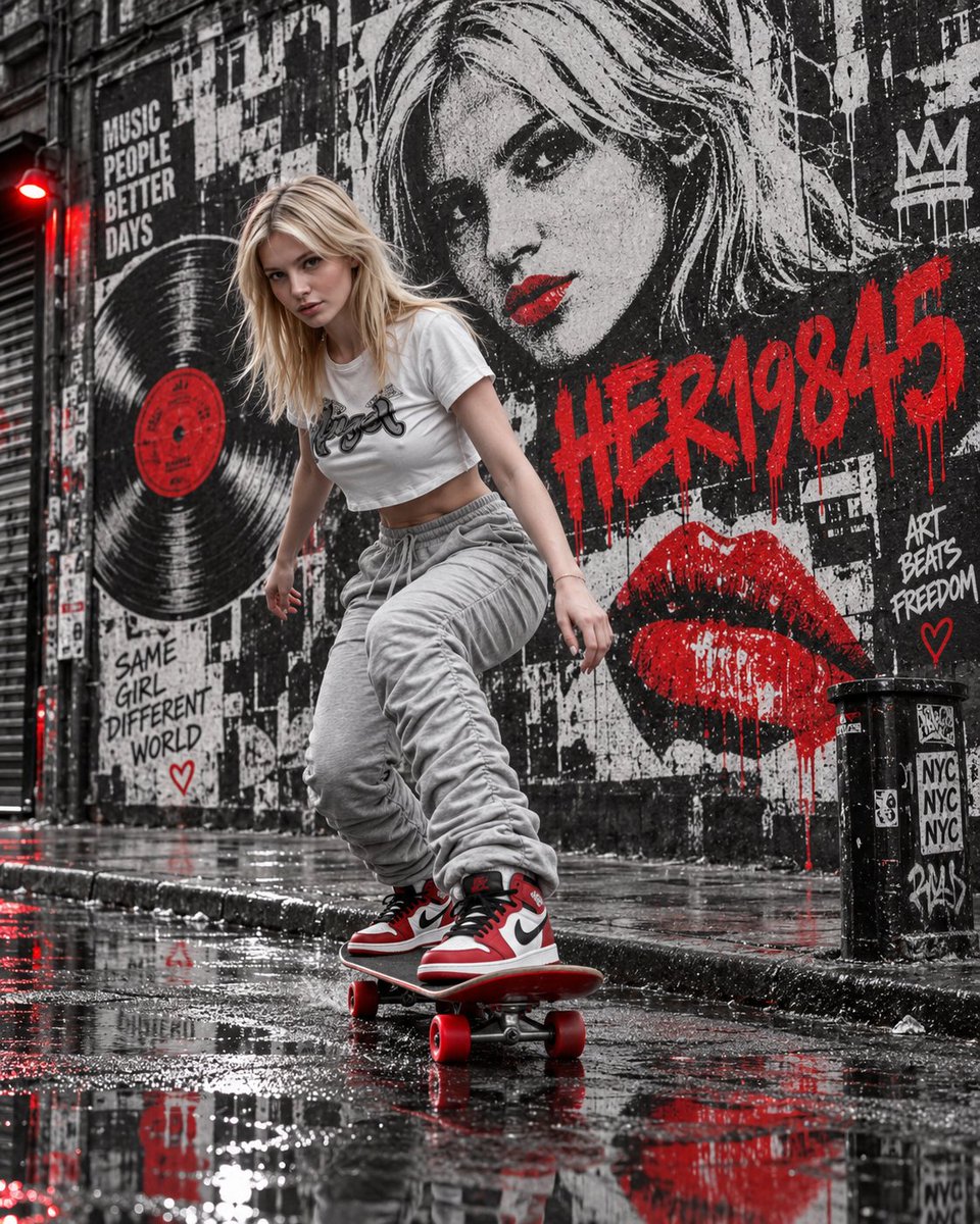 Skater glides through wet street with vibrant red accents