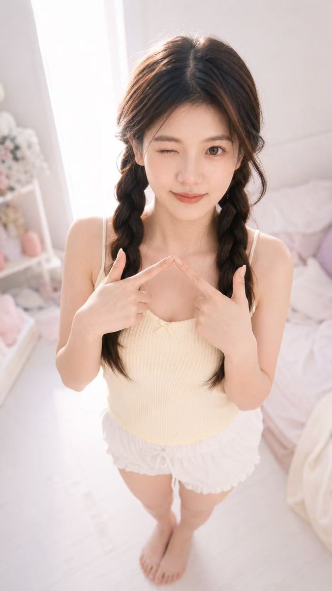 A young woman winks playfully while making a cute hand gesture indoors.