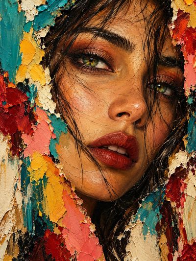 Woman's face emerges from abstract torn canvas in oil